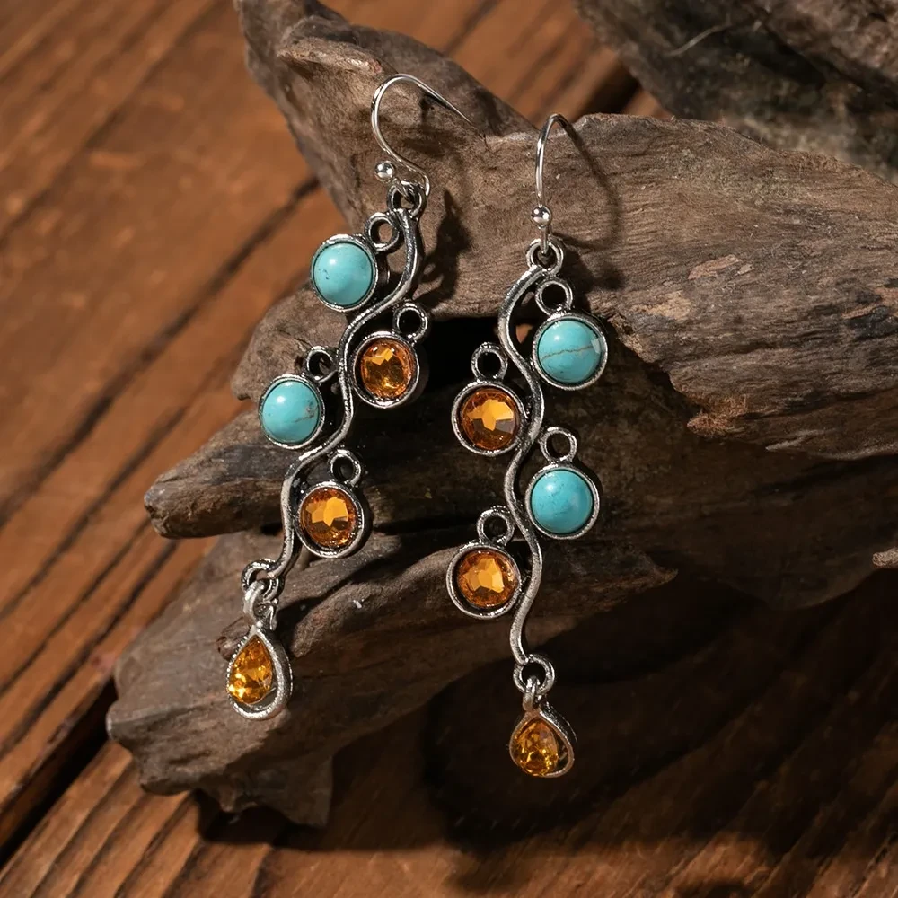 Turquoise Inlaid Tassel Long Delicate Earrings