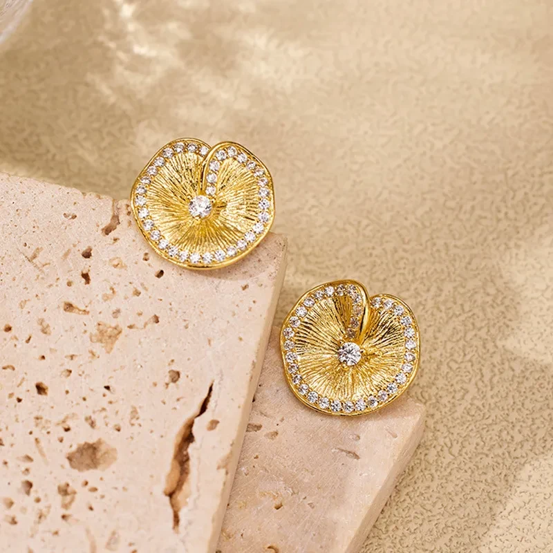 S925 Sterling Silver Lotus Leaf Pleated Texture Ear Studs