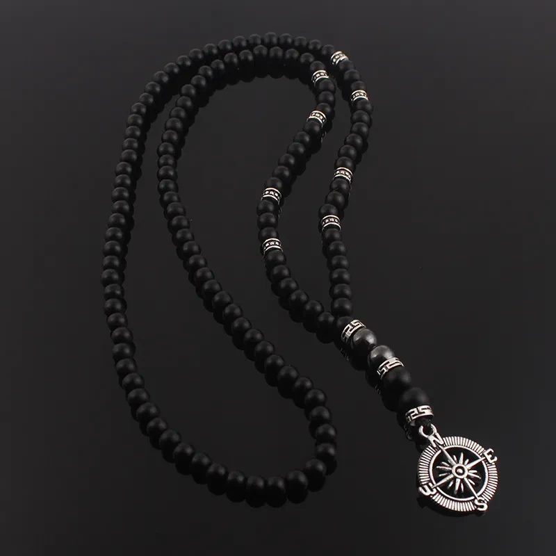 Matte Black Agate Alloy Compass Pendant
