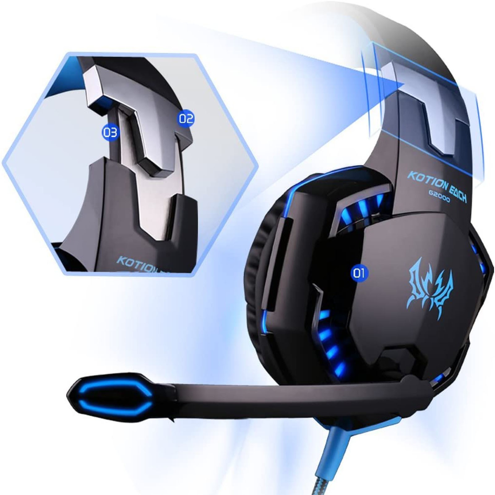 G2000 Gaming Headset Immersive Audio, Noise Cancelling Mic, LED Lights, Soft Memory Earmuffs