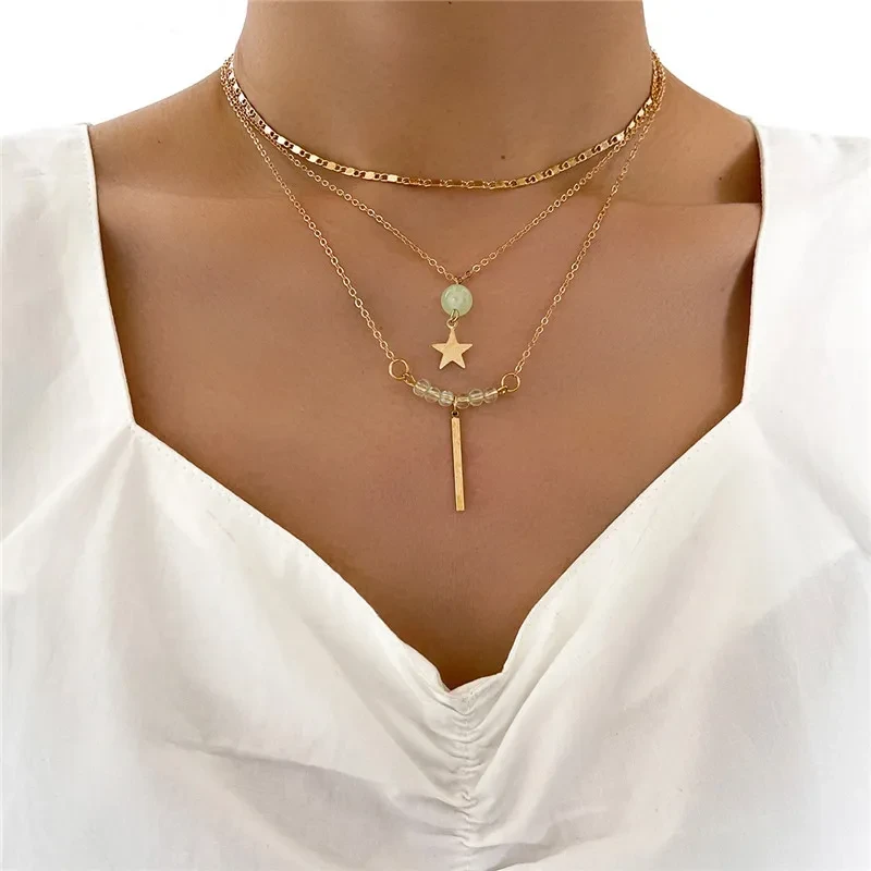 Multilayer Five-pointed Star Long Pendant Necklace Round Bead Chain Three-piece Set