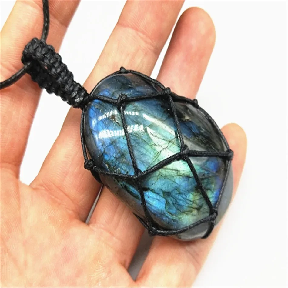 Moonstone Labradorite Rough Stone Woven Pendant Necklace