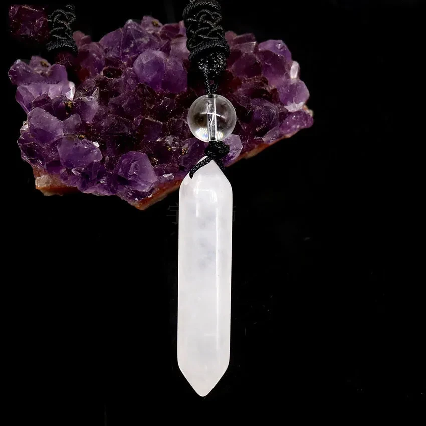 Natural White Crystal Hexagon Prism Double-pointed Hand-woven Personalized Pendant Necklace