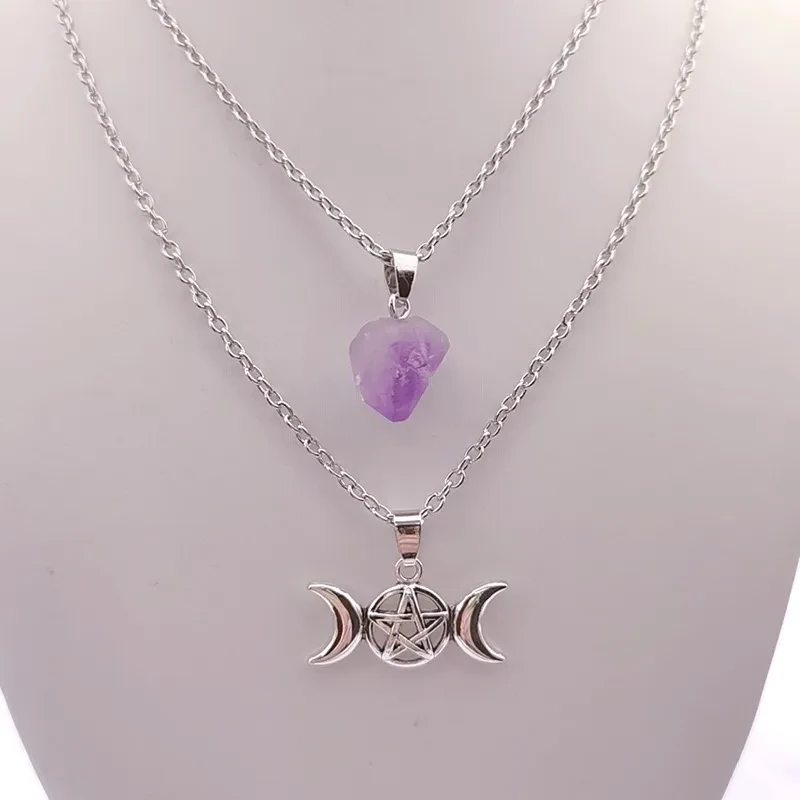 Natural Amethyst Cluster Pentagram Sun Pendant Necklace