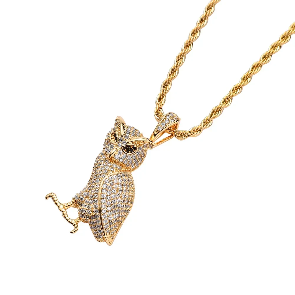 Copper Inlaid Zircon Owl Pendant Necklace