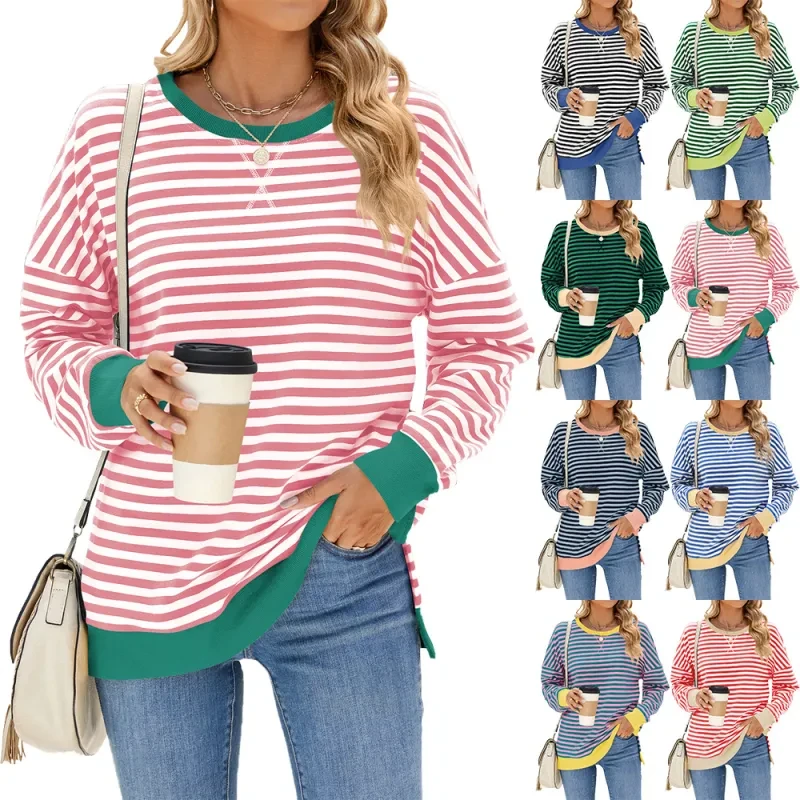 Mixed Color Striped Printed Split Design Long Sleeve T-Shirt Women's Clothing