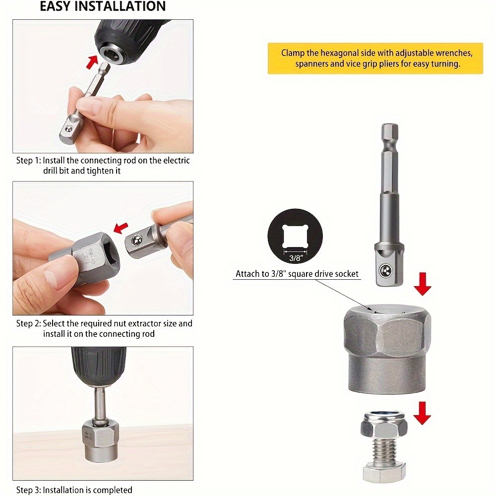 15pcs Nut Extractor Set, 13pcs Bolt and Nut Remover Kit, 1pc Iron Bar, 1pc 1/4'' to 3/8'' Drive Hexagonal Socket Adapter