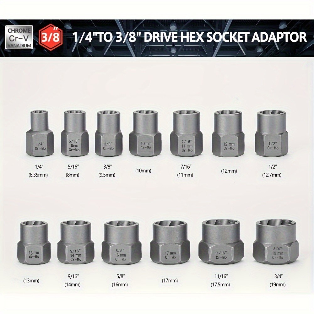 15pcs Nut Extractor Set, 13pcs Bolt and Nut Remover Kit, 1pc Iron Bar, 1pc 1/4'' to 3/8'' Drive Hexagonal Socket Adapter