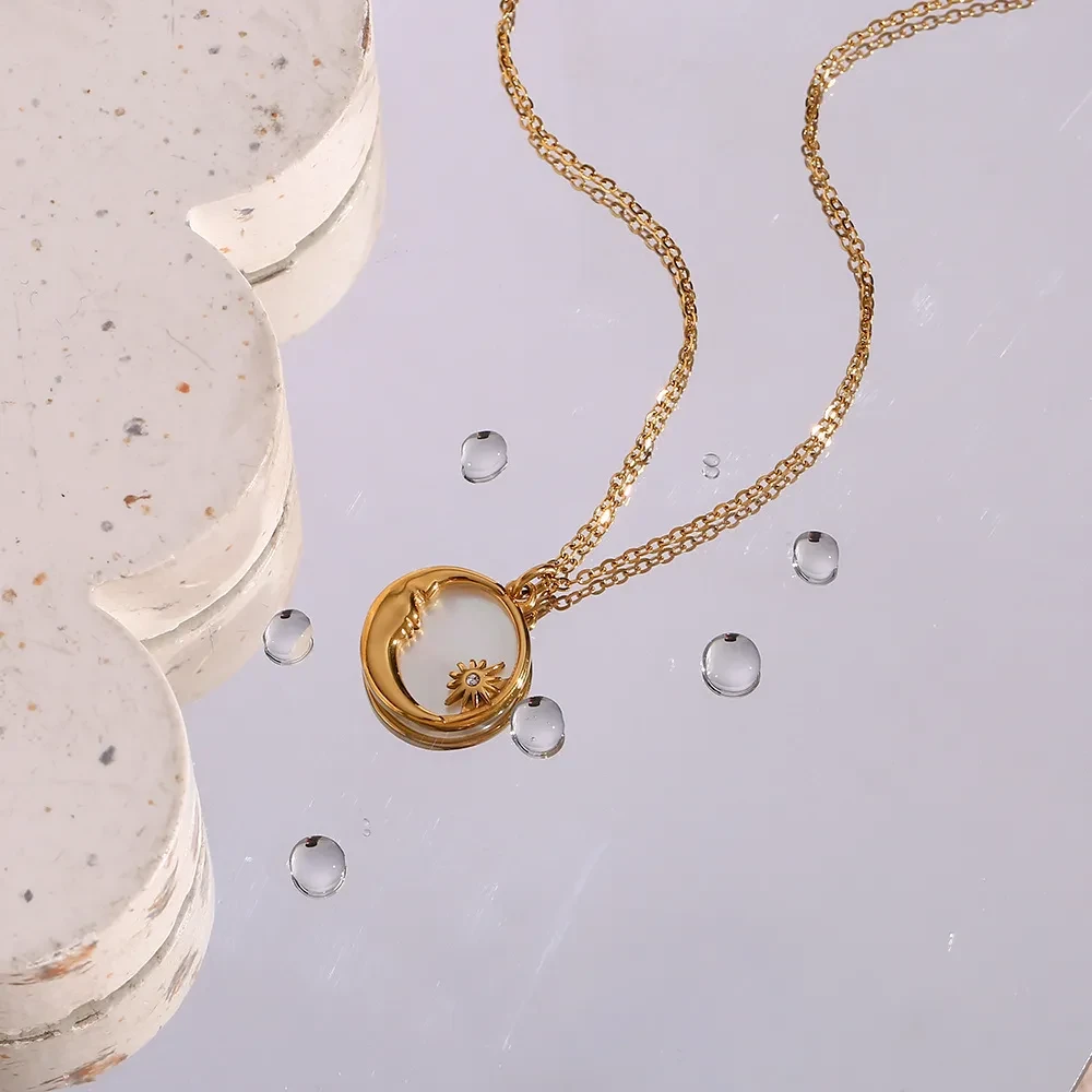Natural Stainless Steel Shell Moon Star Pendant Necklace