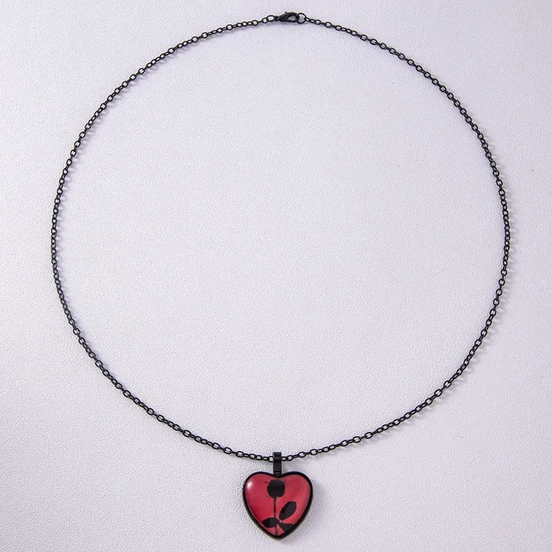 Vintage Black Rose Pattern Glass Necklace