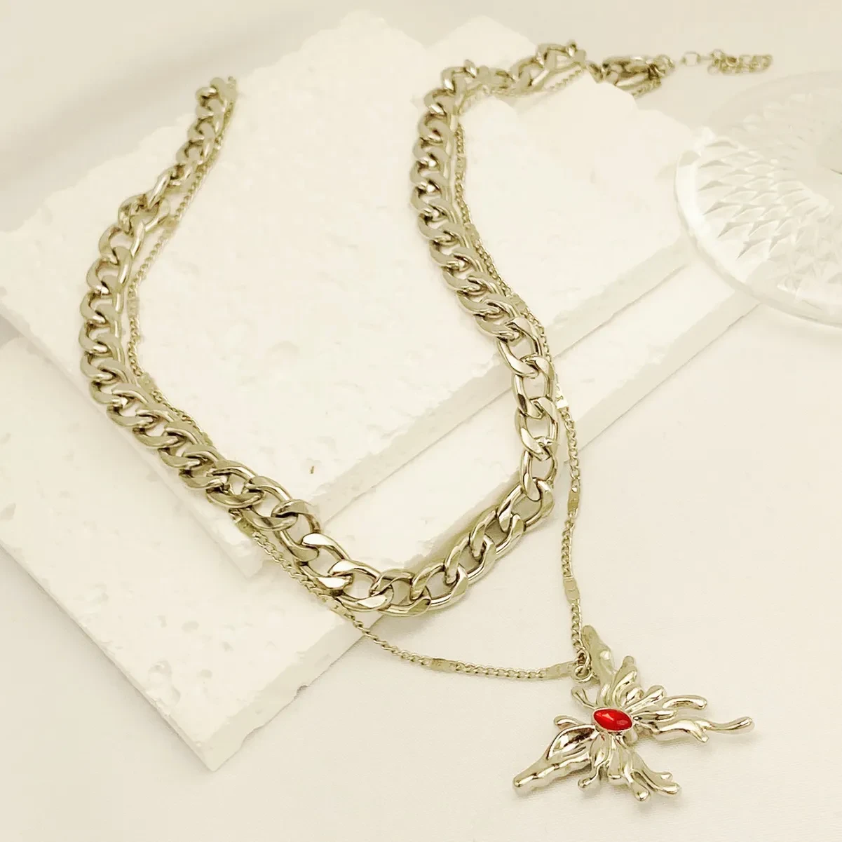 Simple Red Gemstone Butterfly Pendant Multi-layer Necklace