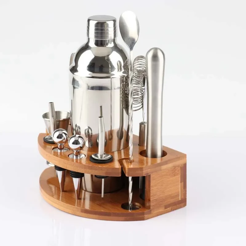 Bartender 12-piece Cocktail Family Bartending Tool Set With Semi-circular Bamboo Base