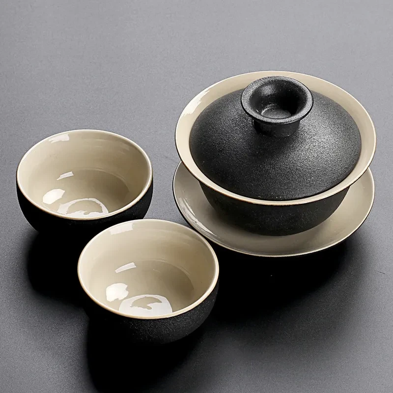 Black pottery tea cup set