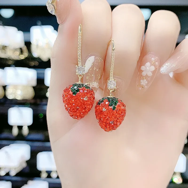 Red Strawberry Long Section Thin Fashion Personality Senior Silver Needle