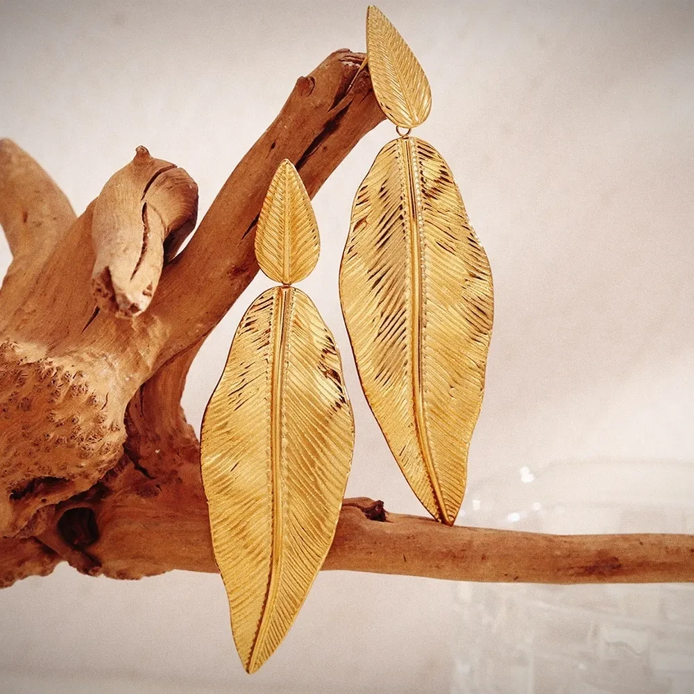 Stainless Steel Leaf Pendant Metal Leaf Texture Earrings