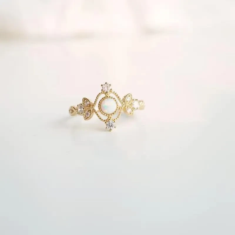 Inlaid Natural Opal Stone Ring Female Copper Plating Gold Ring