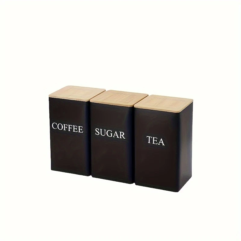 Set of 3 Cast Iron Kitchen Canisters with Wooden Lids