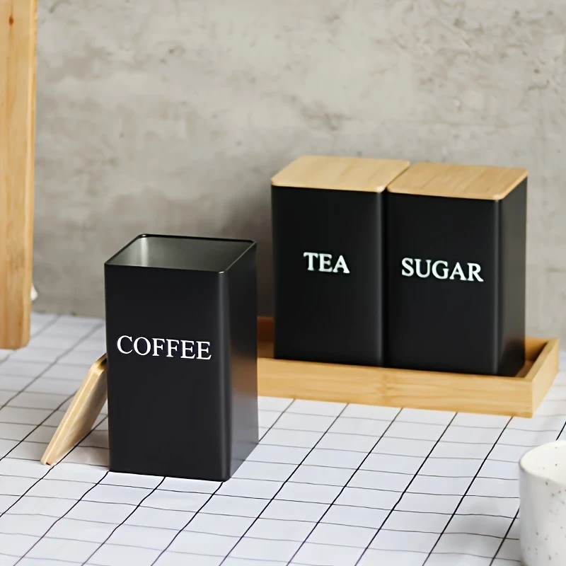 Set of 3 Cast Iron Kitchen Canisters with Wooden Lids