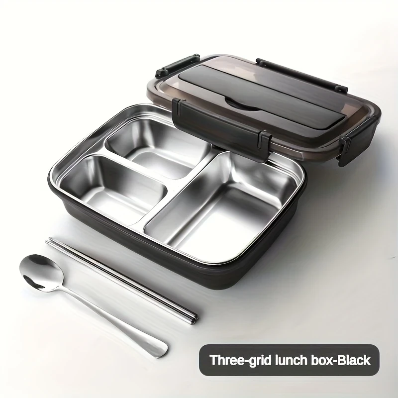 Leak-Proof Stainless Steel 3-Compartment Lunch Box  Durable, Easy-Clean Bento Container for Students & Office Workers, Microwave Safe