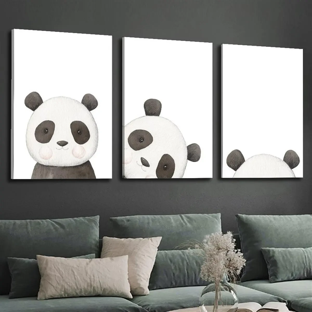 3pcs Wood Frame Canvas Print Decorative Painting Watercolor Cartoon Panda Painting