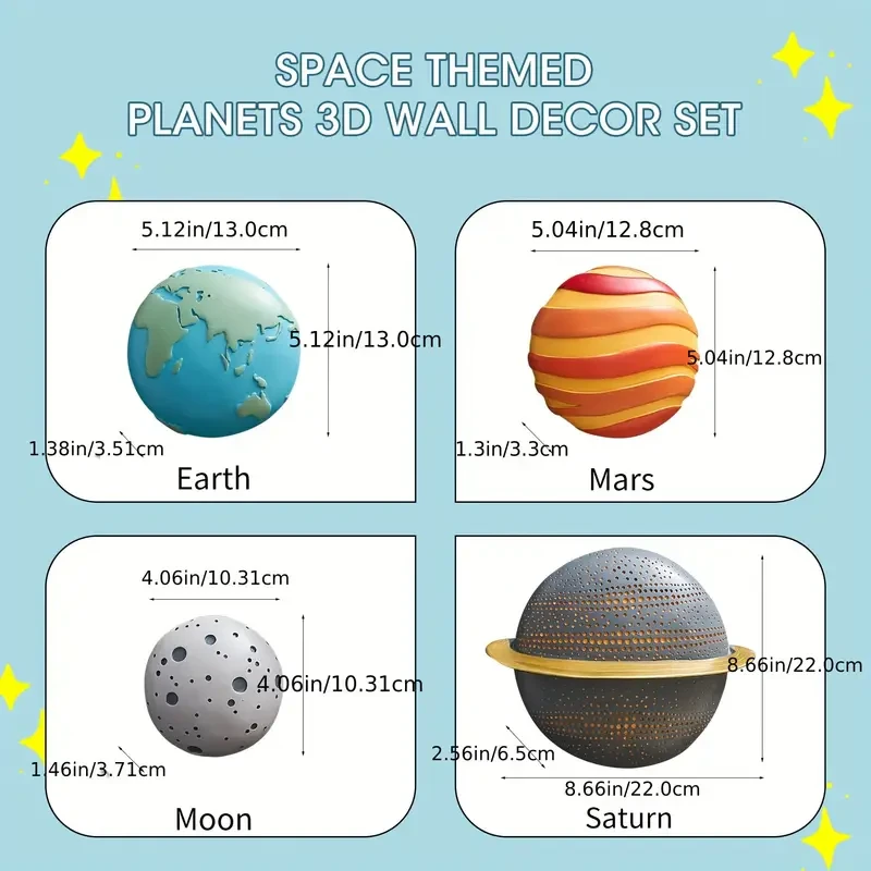4pcs Modern Outer Space Planets Wall Decor  3D Planet Earth Solar System Sculptures for a Celestial-Themed Room