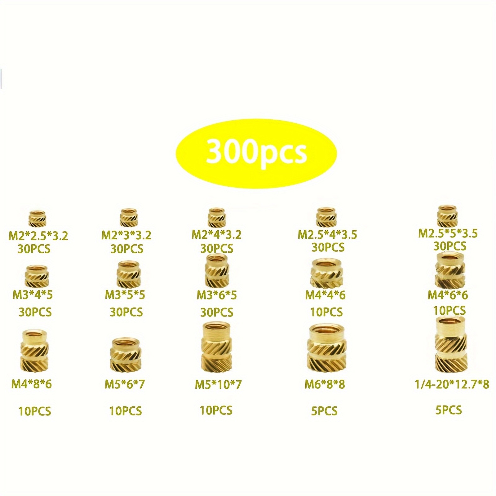 300pcs Brass Threaded Inserts for 3D Printer Parts Heat Set Screw Inserts, Knurled Thread Embedment Nuts, Multisize Assortment Kit for Plastic Cylinder Shapes, Uncharged - Without Battery