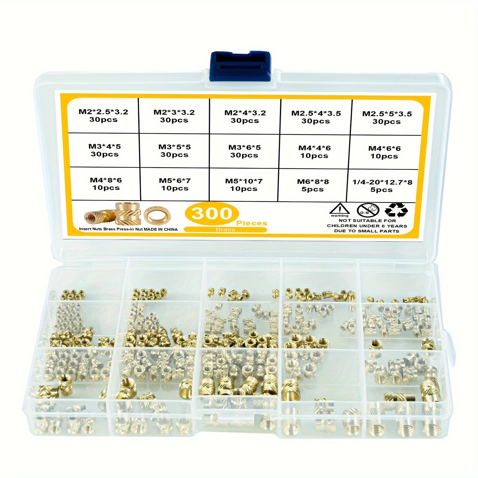 300pcs Brass Threaded Inserts for 3D Printer Parts  Heat Set Screw Inserts, Knurled Thread Embedment Nuts, Multisize Assortment Kit for Plastic Cylinder Shapes, Uncharged - Without Battery