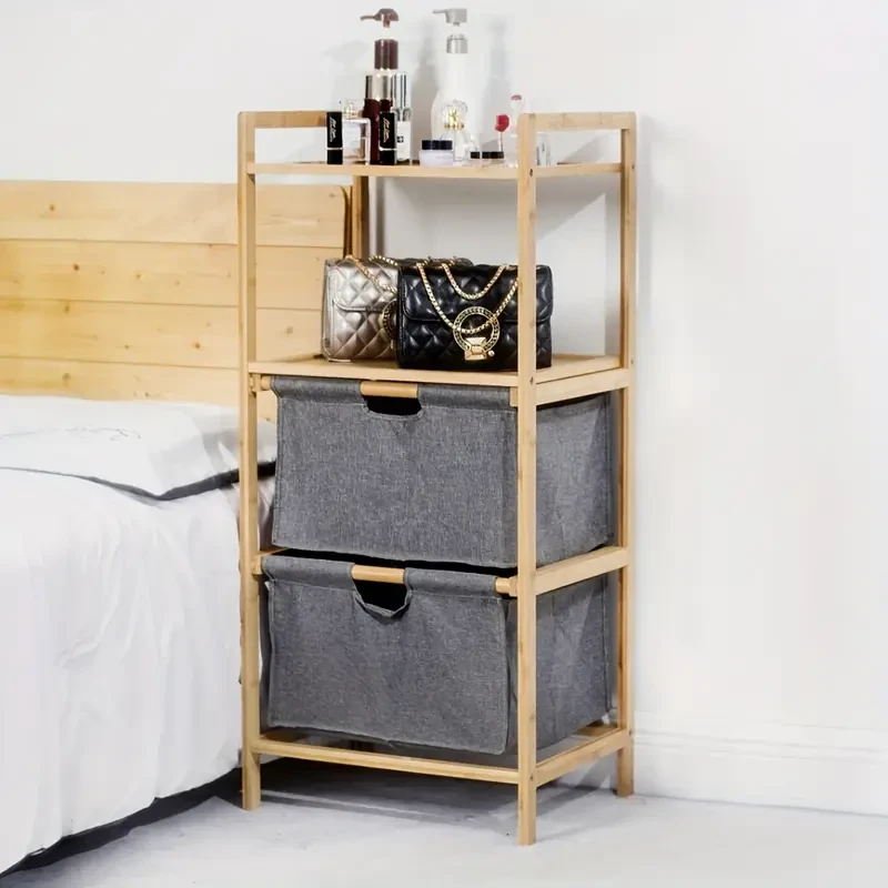 Natural Bamboo 2 Tier Storage Rack with 2 Fabric Drawers  Multifunctional Organizer Shelf for Clothes, Towels, Toys, Books & More