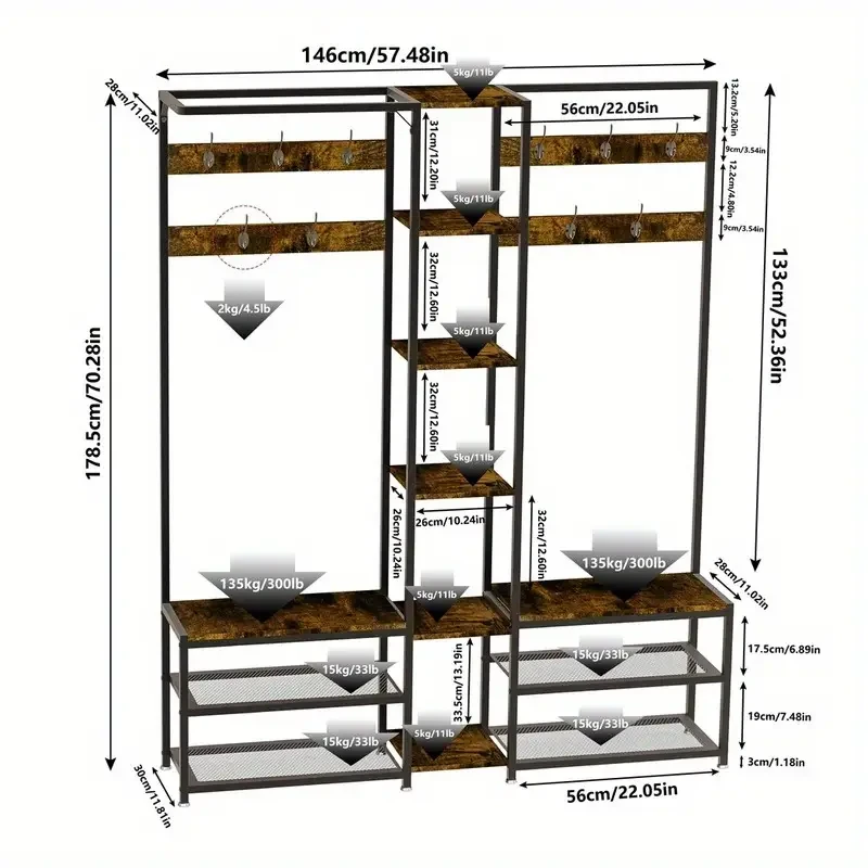 Heavy Duty Freestanding Corner Coat Rack with Shoe Bench & 10 Hooks  Metal & Hardwood Construction, Rustic Brown & Black, Multi-Purpose Entryway Organizer for Hallways, Condos, and Apartments