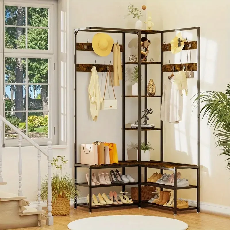 Heavy Duty Freestanding Corner Coat Rack with Shoe Bench & 10 Hooks Metal & Hardwood Construction, Rustic Brown & Black, Multi-Purpose Entryway Organizer for Hallways, Condos, and Apartments