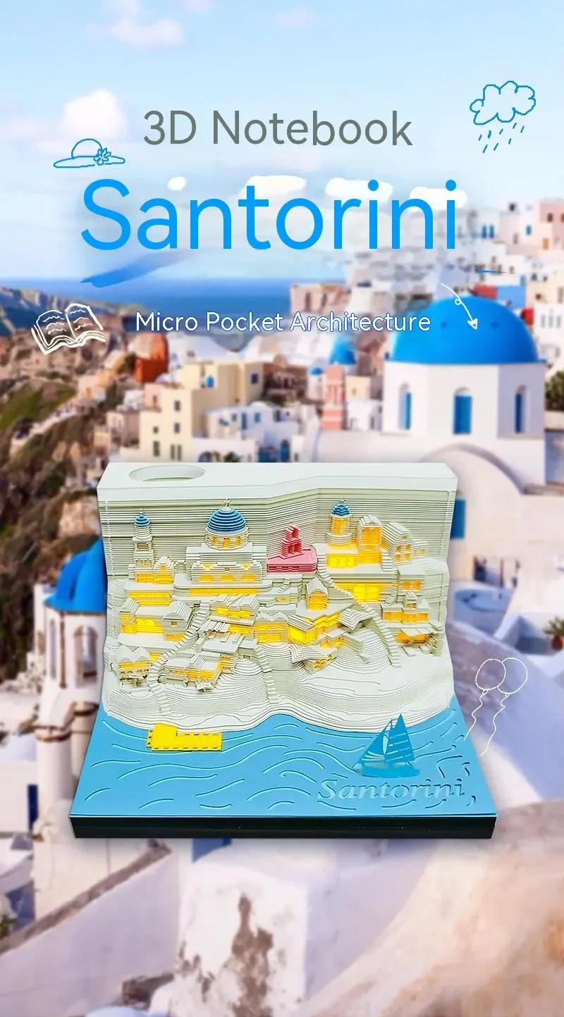 Romantic Santorini 3d Notepad Paper Carving Building Model Lighting Decoration