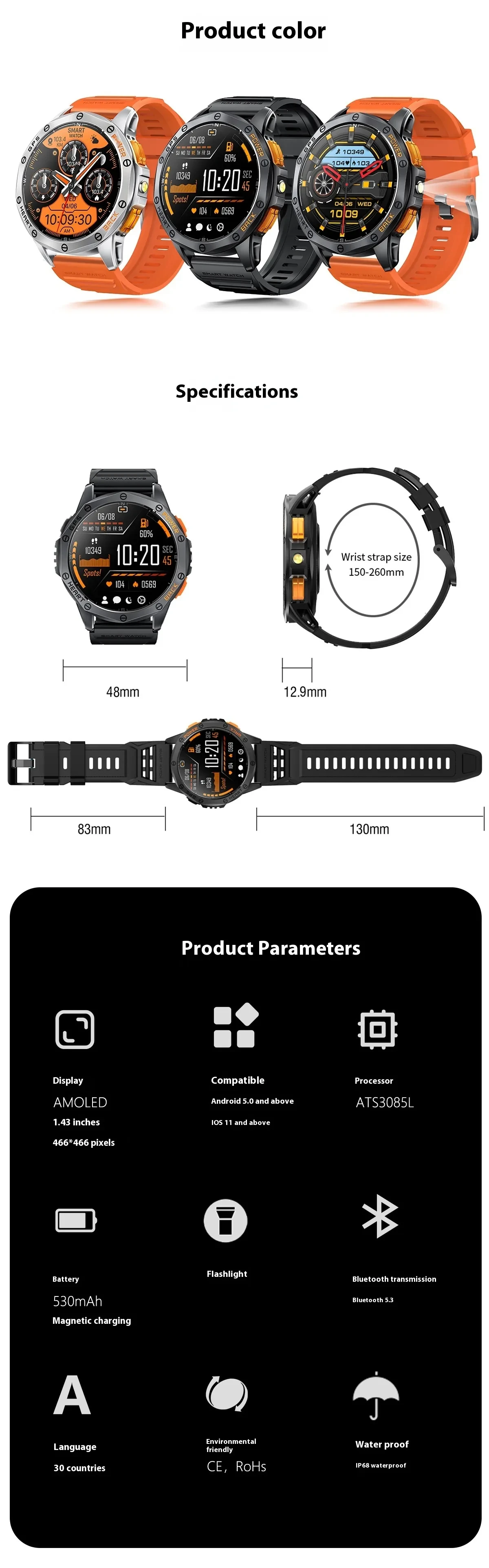 K67 Bluetooth Calling Compass AMOLED Smart Watch