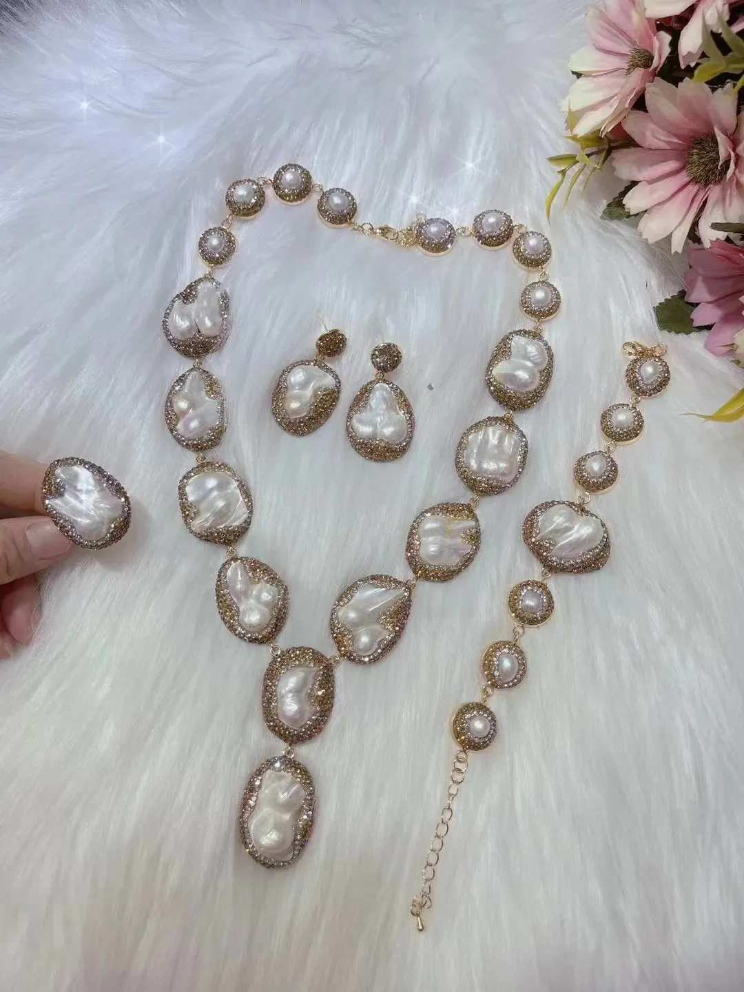 Pearl Necklace Ring Suit Bride Ornament
