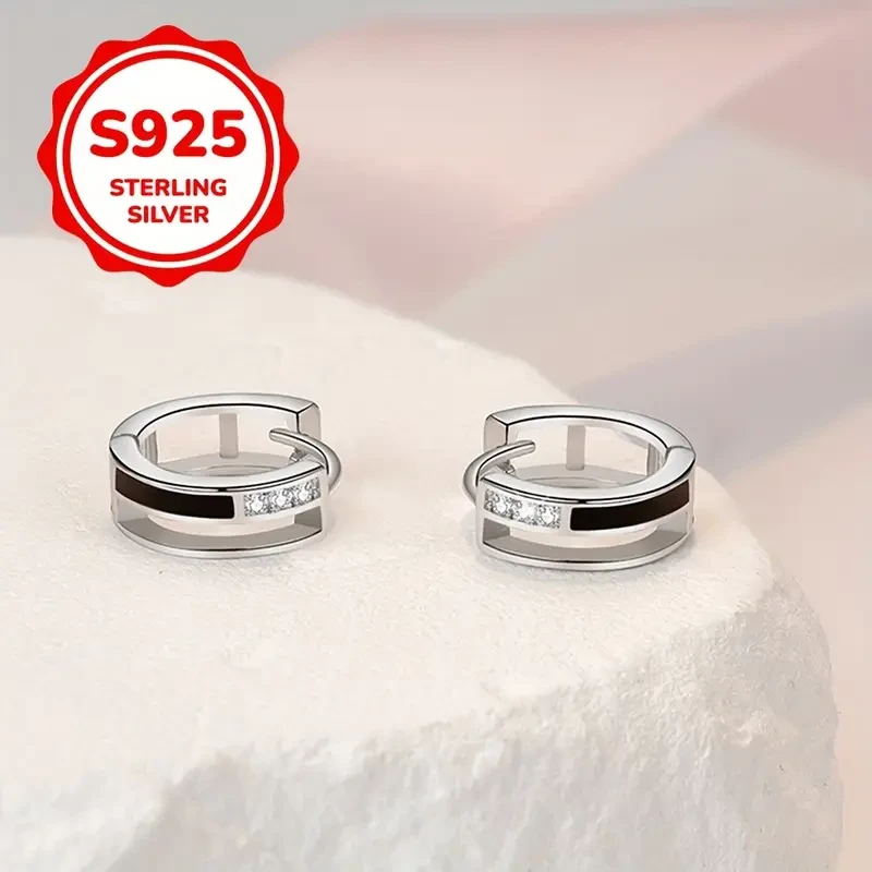 2pcs 925 Sterling Silver Double Layer Hoop Earrings with Black Edges & Sparkling Accents