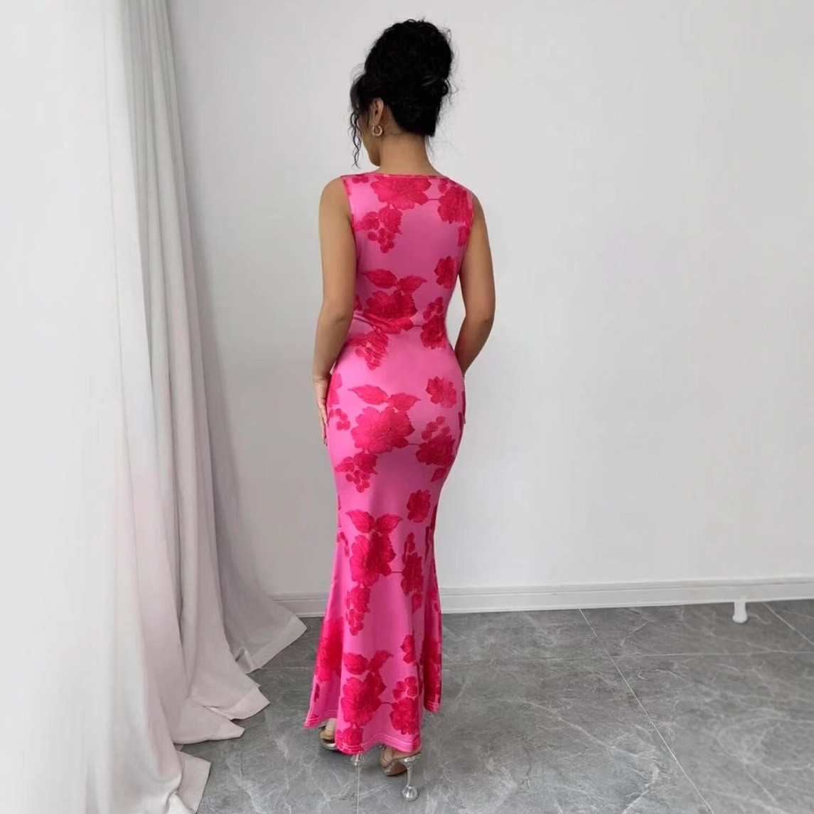 European And American Printed Sleeveless Straight Temperament Dress