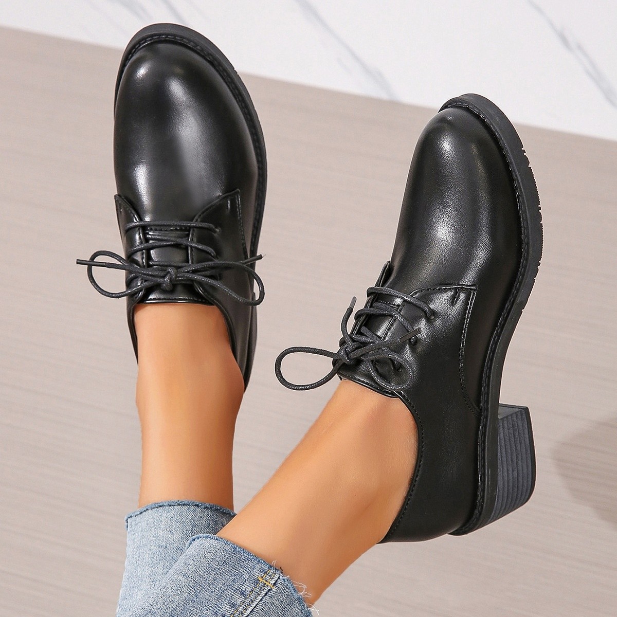 Work Black Professional Soft Sole Leather Thick Heel Women's Shoes
