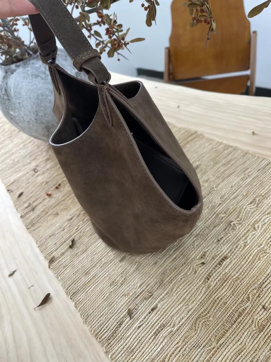 Frosted Cowhide Bucket Bag Large Capacity Genuine Leather