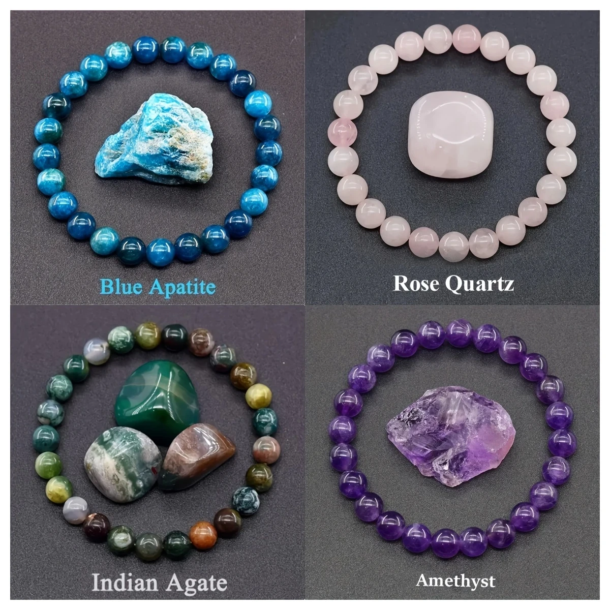 4pcs Natural Stone Bracelet Set  Elegant Bohemian Blue Apatite, Amethyst, Rose Quartz, and Indian Agate Bracelet Collection