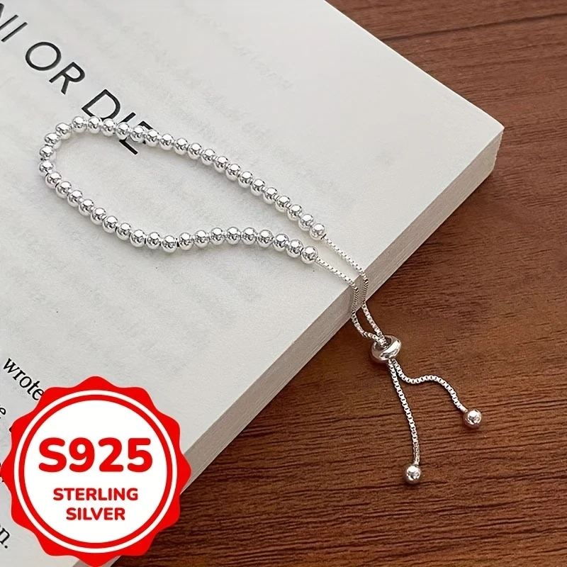 S925 Silver Simple and Versatile Silvery Round Bead Pulling Bracelet for Women