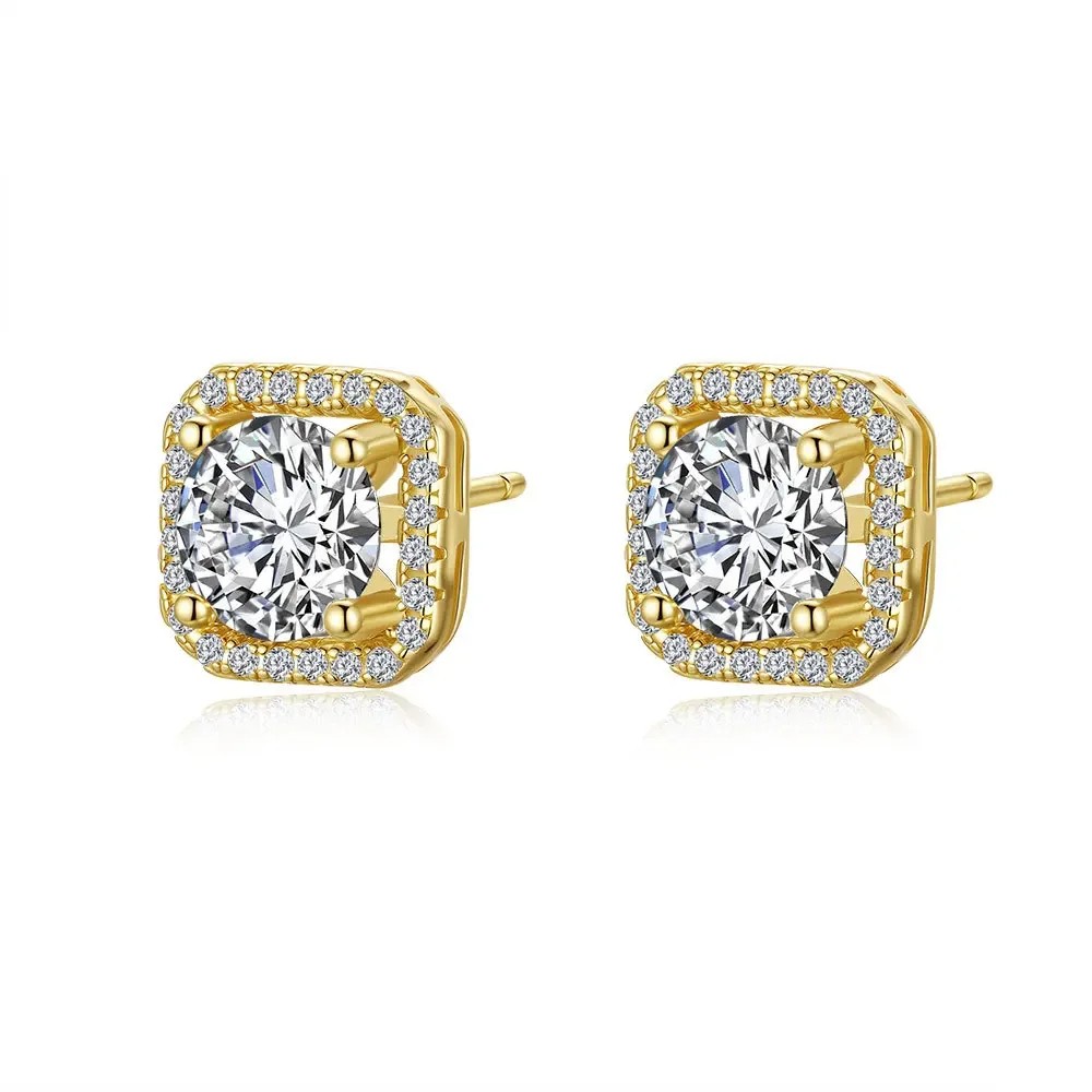 Luxury 100% Real 18K Gold Ring and Square Moissanite Women's Luxury Classic Earrings