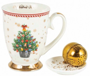 CHRISTMAS TREE 310ML MUG SET WITH TEA STRAINER AND DI