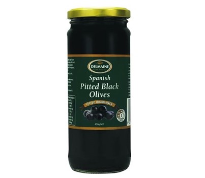 OLIVES BLACK PITTED 450GM (DELMAINE 3260)