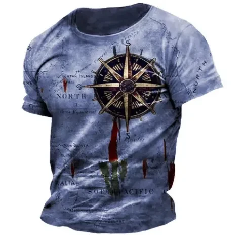 Men's Vintage Nautical Map Compass Printed T-shirt