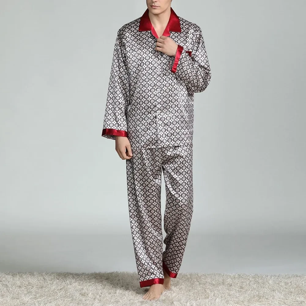 Men's Printed Silk Pajamas Spring And Summer Long-Sleeved Suit