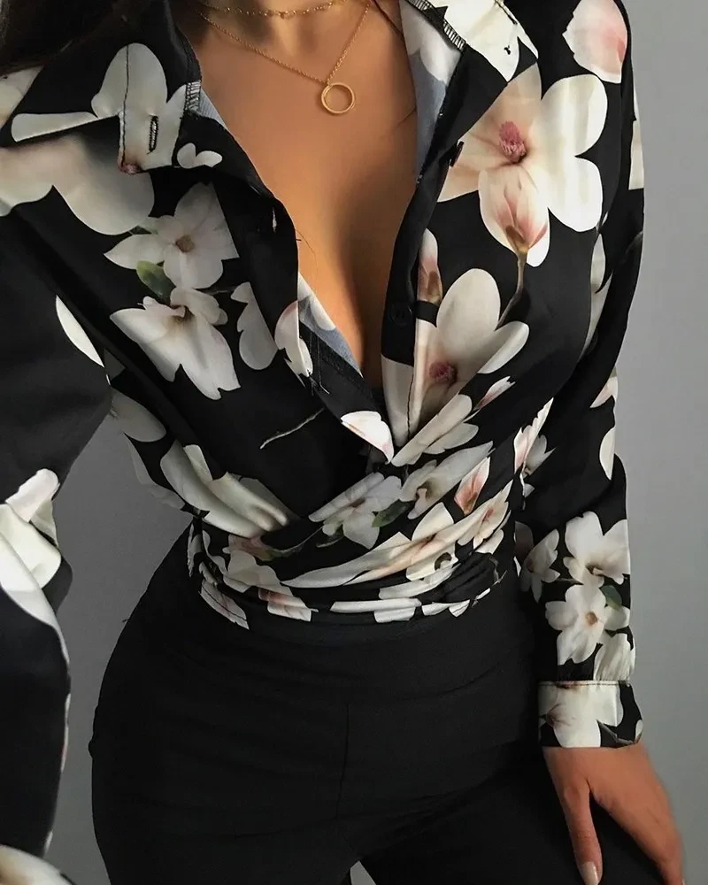 Women's Loose Long-sleeved V-neck Printed Shirt