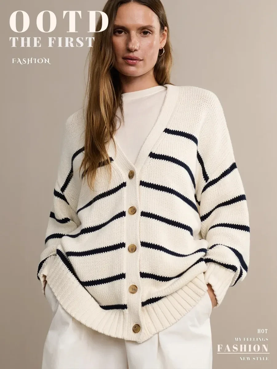 Women's Striped Knitted V-neck Cotton Striped Sweater