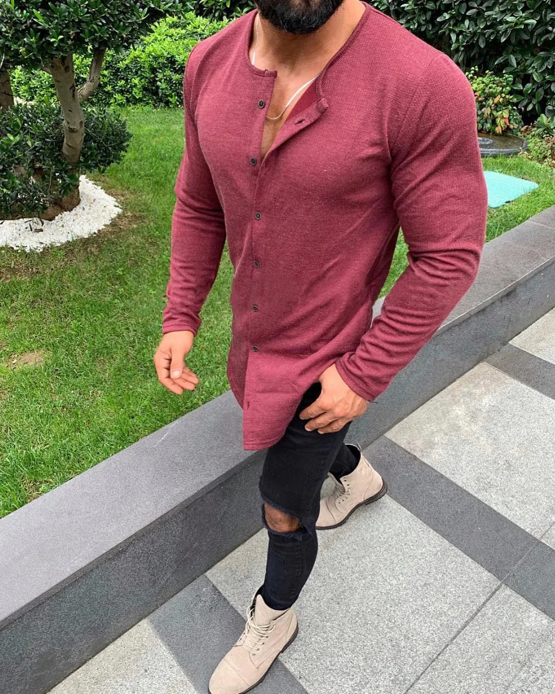 Straight door cardigan button men's T-shirt