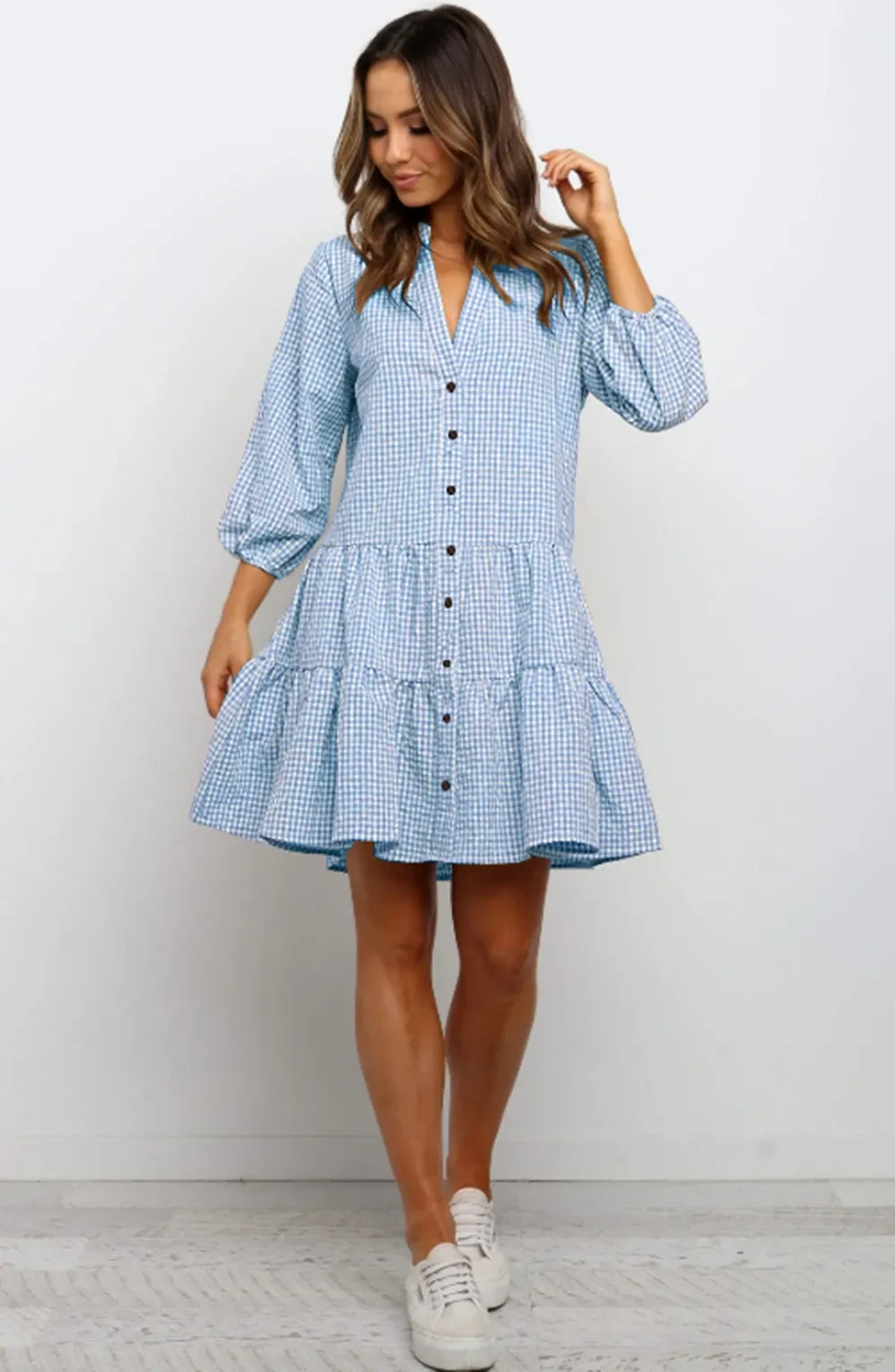 Plaid Printed Ruffle Dress V Neck Button Three-quarter Sleeves Dresses For Women Clothing