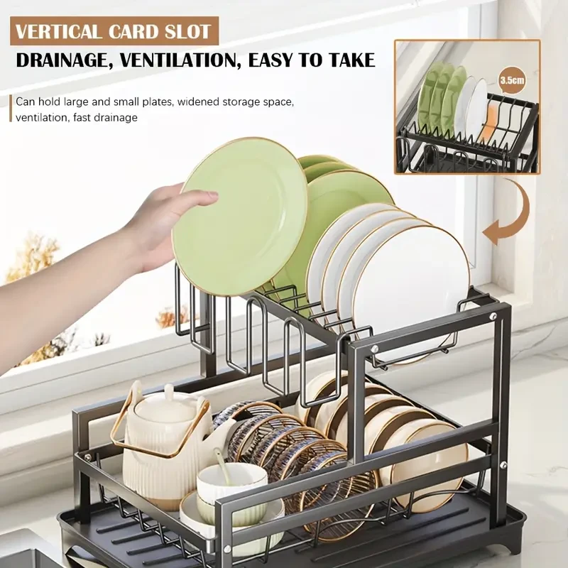 Steel Double-Layer Dish Drying Rack - Space-Saving Kitchen