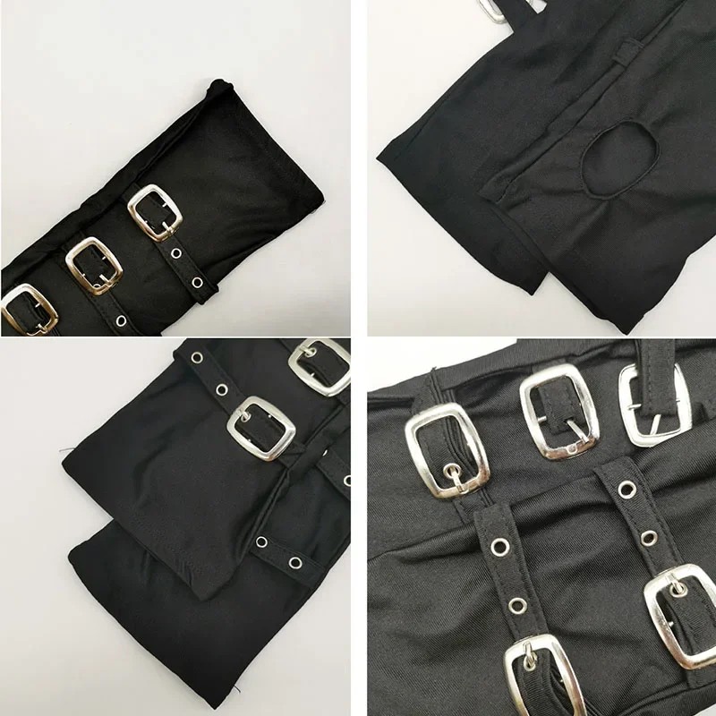 Dark Metal Button Cuffs Gothic Half Open Finger Wristband Gloves